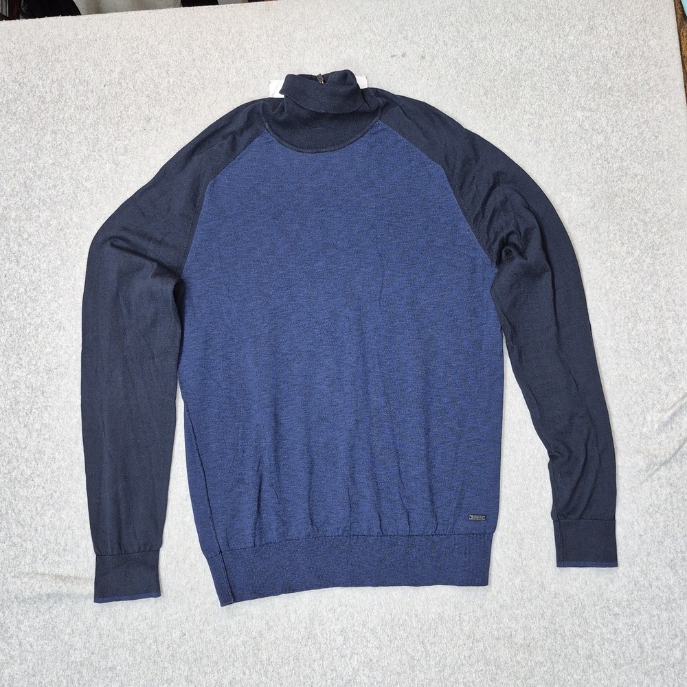BOSS HUGO BOSS Men Sweater‎ L Blue Turtleneck Logo Long Sleeve NWT